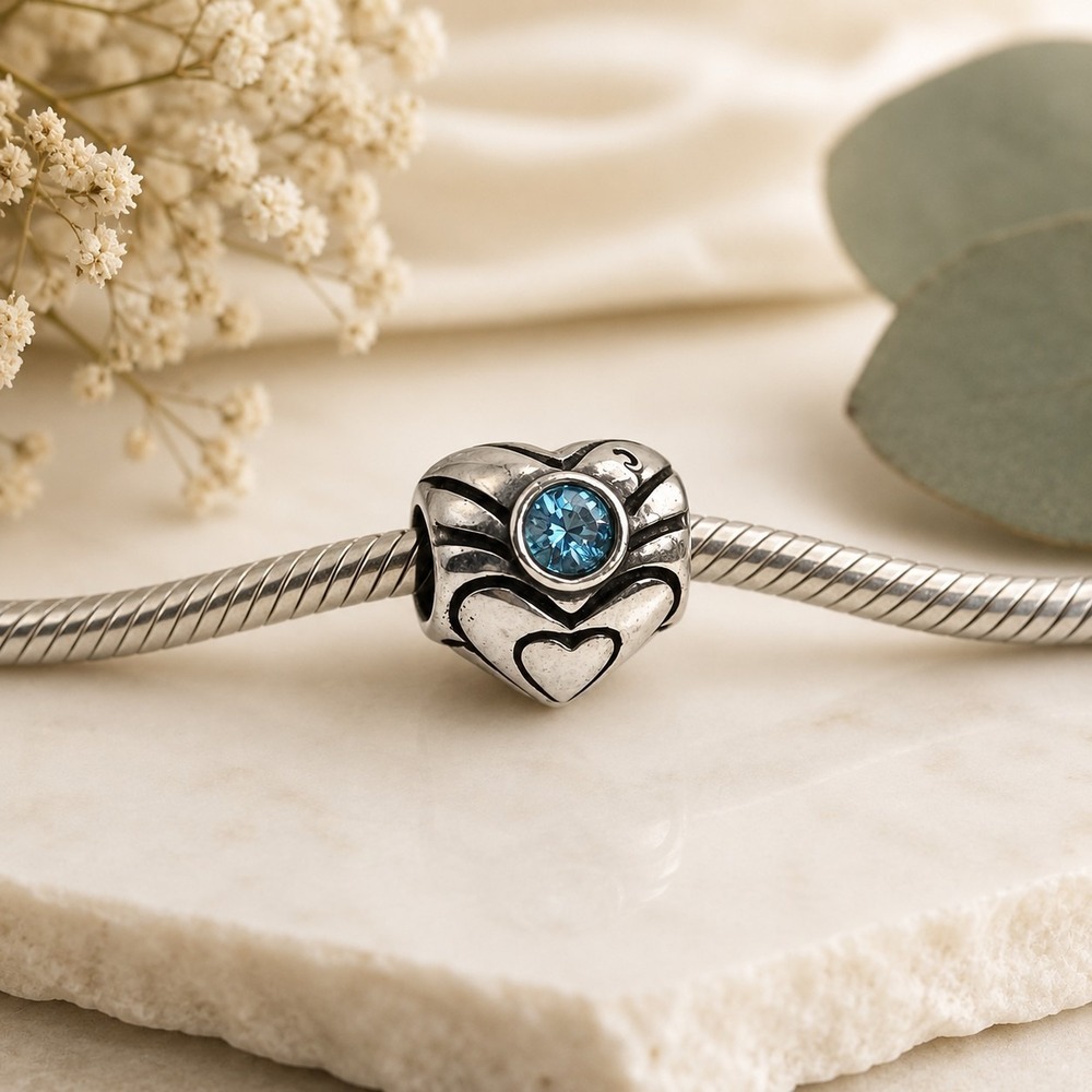 Chamilia 925 Sterling Silver March Birthstone Heart Charm Blue Swarovski Crystal